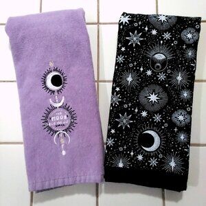 Set of 2 Witchy Celestial Moon Stars Cosmos Esoteric Hand or Kitchen Towels